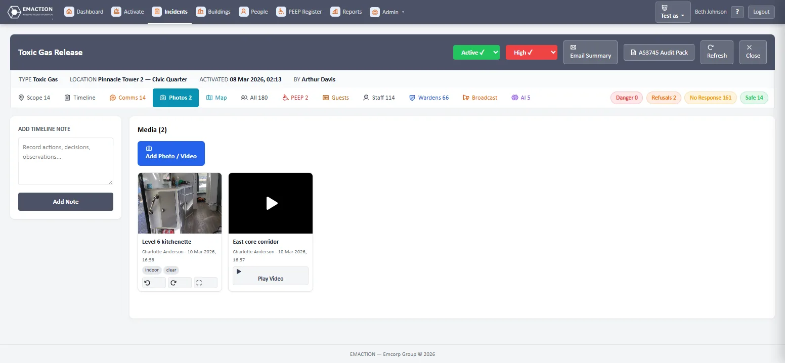 EMAction photo and video uploads attached to an incident timeline