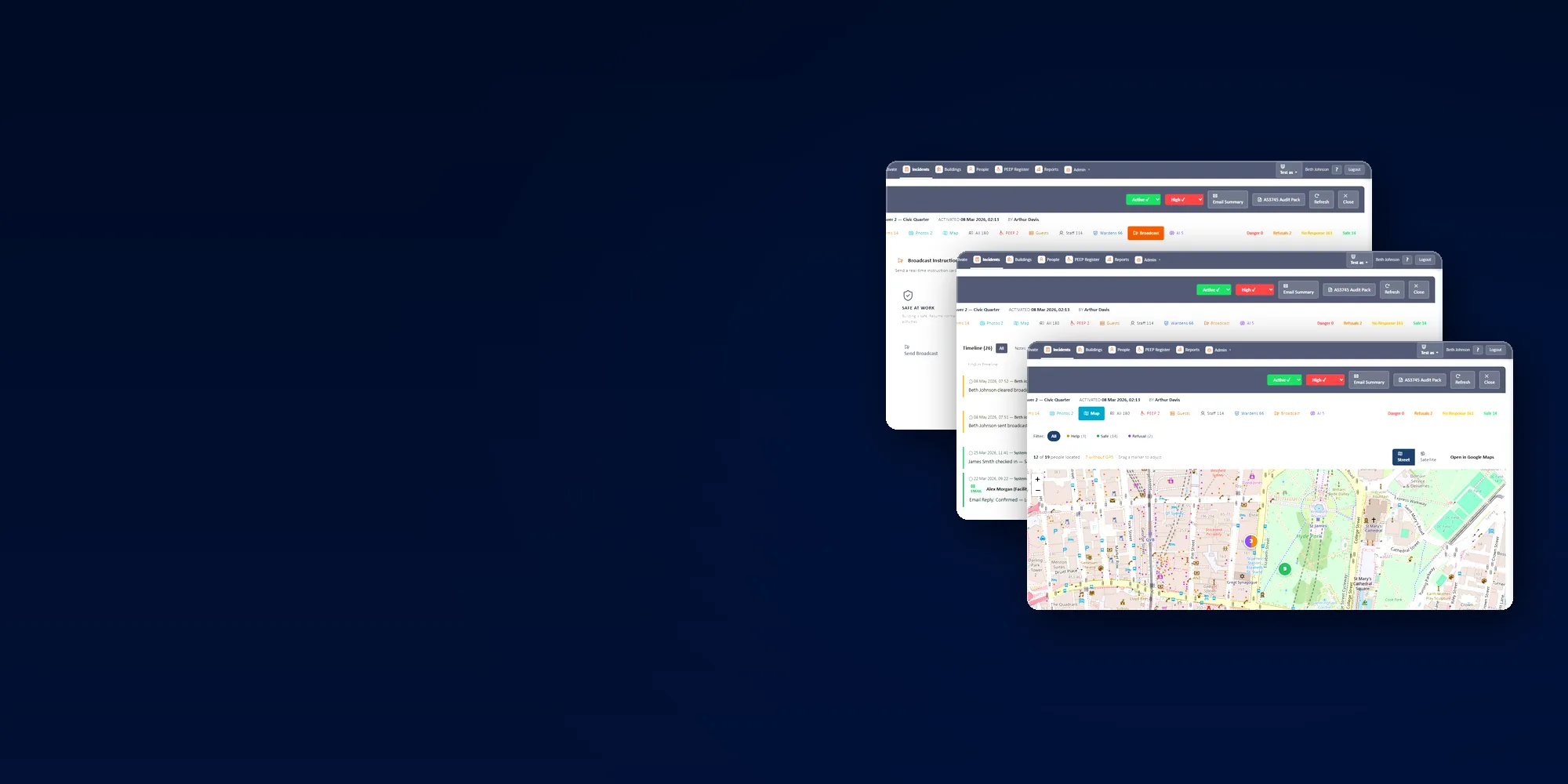 Three overlapping EMAction screens — broadcast instruction cards, the incident timeline and the live incident map